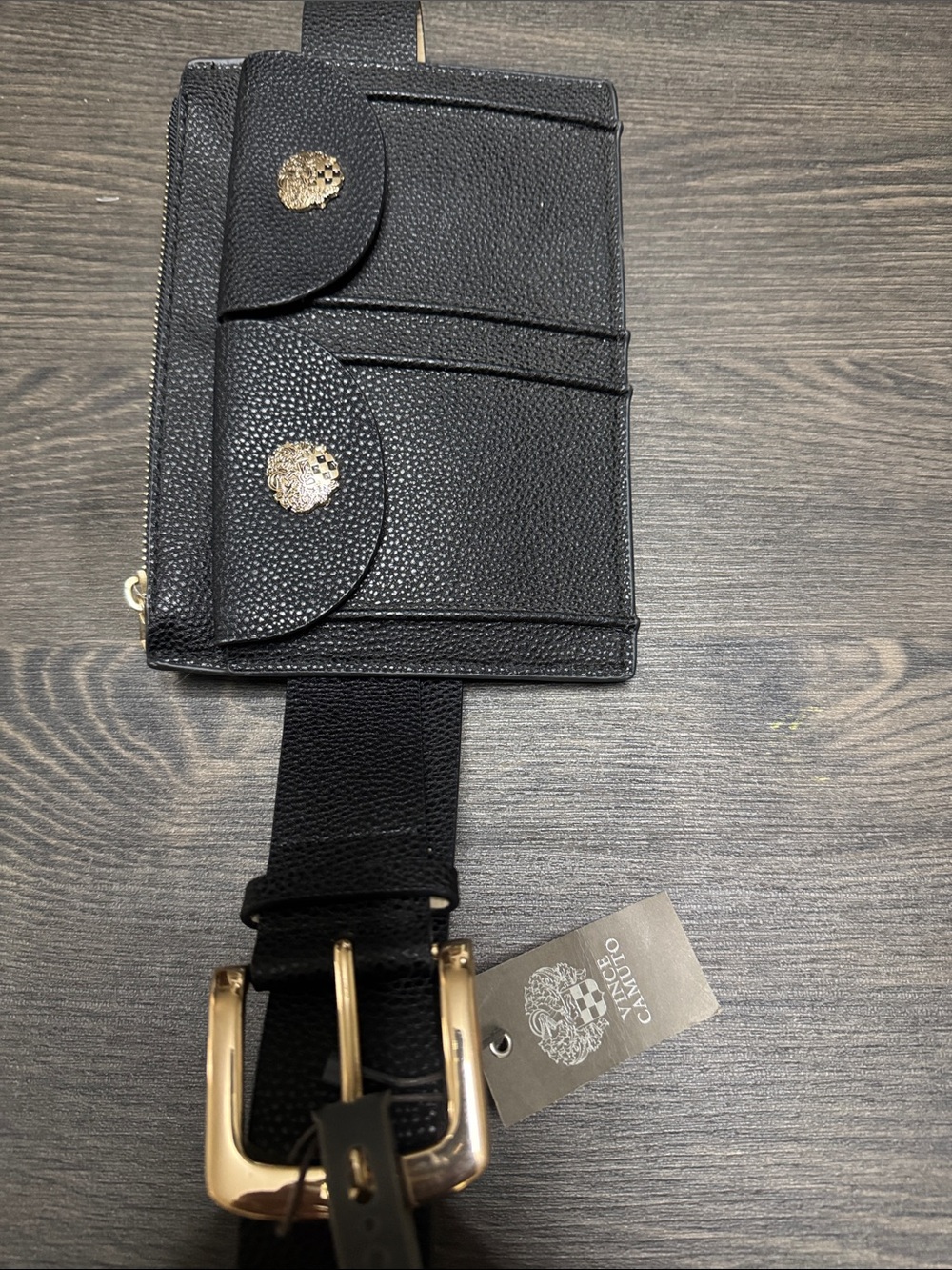 Vince Camuto Black Pebbled Leather Belt with Gold Buckle